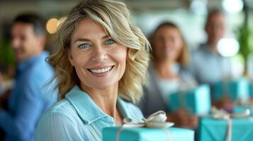 ai generado contento mujer con regalo a social reunión sonriente con confianza foto