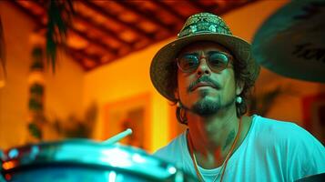 AI generated Stylish musician wearing hat and sunglasses playing drums at night photo