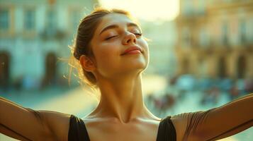 AI generated Young girl in black dress with arms outstretched in middle of city. photo