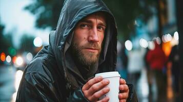 ai generado hombre en encapuchado chaqueta participación café taza foto