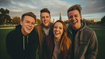 ai generado cuatro joven personas sonriente en un parque, disfrutando cada otros empresa y el hermosa alrededores. foto