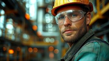 ai generado grave masculino ingeniero vistiendo difícil sombrero y la seguridad gafas de protección a industrial instalaciones foto