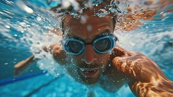 ai generado un nadador vistiendo gafas de protección nadando en un piscina. generativo ai foto