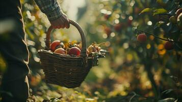 AI generated A man carrying a basket full of apples at an apple orchard. Generative AI photo