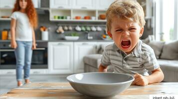 AI generated A toddler crying in the kitchen and holding a bowl. Generative AI photo