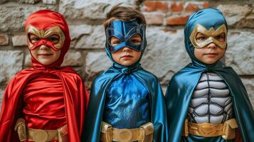 AI generated Three boys wearing superhero costumes. Generative AI photo