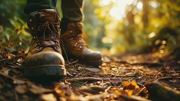 ai generado de cerca de excursionismo botas en bosque sendero a puesta de sol foto