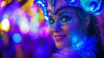 ai generado vibrante carnaval máscara y Brillantina maquillaje en sonriente mujer foto