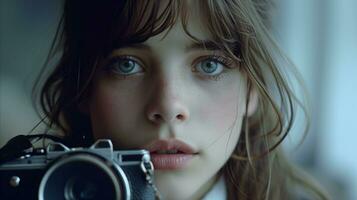 AI generated Young female photographer holding camera with intense gaze photo