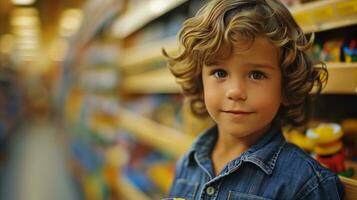 AI generated Portrait of a smiling toddler in a toy store, childhood joy and curiosity photo