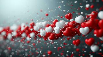 AI generated Red and white hearts flowing through the air over a grey surface. photo