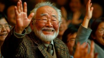 AI generated Elderly man waving with joy in a crowd at an event photo