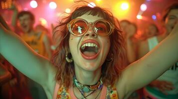 AI generated Euphoric young woman enjoying a vibrant party atmosphere with friends photo