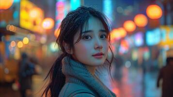 ai generado joven mujer en urbano noche ajuste con bokeh luces foto