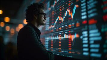 AI generated Professional trader monitors stock market data intently on digital screens photo