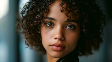 AI generated Portrait of a young woman with curly hair and expressive eyes photo