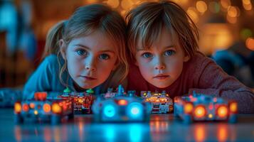 AI generated Curious children playing with electronic building blocks in soft light photo