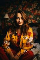 AI generated A woman in a yellow jacket sitting on a bed, looking relaxed and comfortable. Generative AI photo