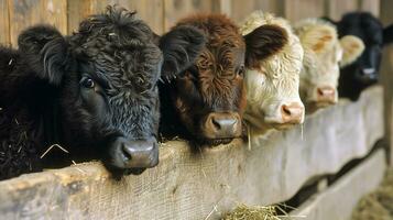 AI generated A group of cows are standing behind a wooden bench. Generative AI photo