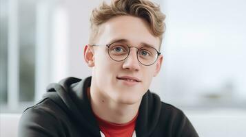 AI generated A young man with glasses looking directly at the camera, exuding confidence and intelligence. Generative AI photo