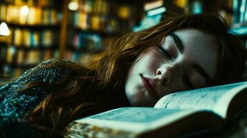 ai generado joven mujer dormido en un libro en un acogedor biblioteca ajuste foto