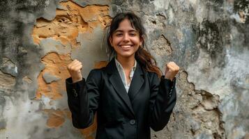 AI generated Business woman in a suit and tie raising her arms in front of an old cracked wall. photo