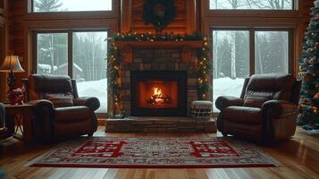 AI generated Cozy winter living room with fireplace and christmas decorations photo