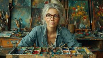 AI generated Creative female artist in studio surrounded by colorful paintings and brushes photo