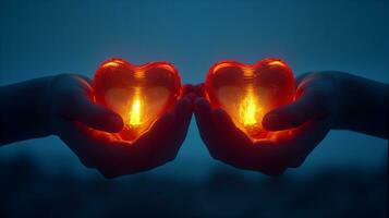 AI generated Two people holding glowing heart symbols. photo