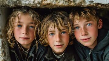 AI generated Three young boys with blue eyes look out from the tunnel. Generative AI photo