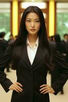 AI generated A professional woman wearing a sleek black suit, exuding confidence and elegance. Generative AI photo