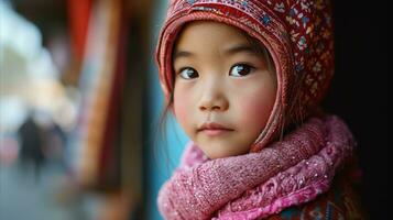 AI generated Beautiful young Asian child with colorful hat and scarf. Generative AI photo