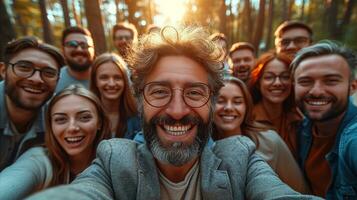 ai generado contento amigos grupo tomando selfie en el bosque a puesta de sol foto