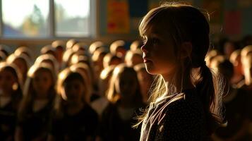 AI generated Small girl in front of a crowd of people in a classroom. Generative AI photo