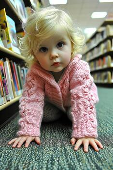 AI generated A little girl playing in the library. Generative AI photo