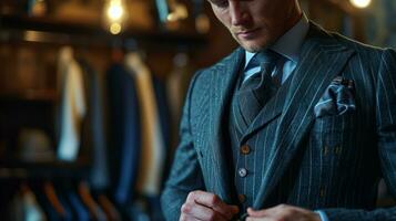 AI generated Elegant businessman adjusting vintage suit in exclusive tailoring shop photo