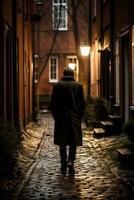 AI generated A man walking down a dimly lit cobblestone street during nighttime, surrounded by old buildings. Generative AI photo