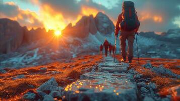 ai generado aventurero caminantes trekking montaña sendero a puesta de sol foto