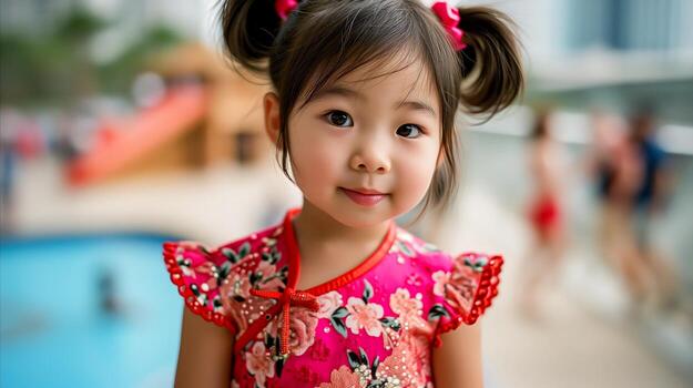 AI generated A young chinese girl standing in front of a pool. Generative AI photo