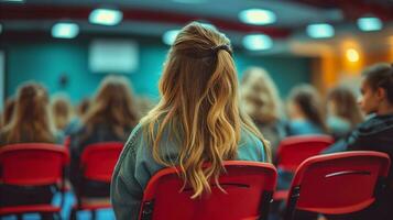 ai generado mujer asistiendo seminario, audiencia en enfocar, educativo evento foto