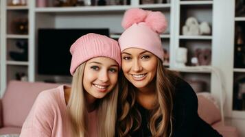 AI generated Two young women wearing pink hats and smiling, enjoying a cheerful moment together. Generative AI photo