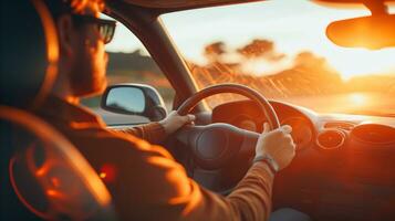 ai generado un hombre conducción su coche a puesta de sol. generativo ai foto