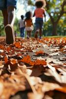 ai generado niños corriendo en el hojas en otoño. generativo ai foto