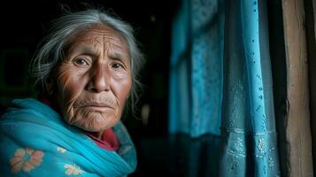 AI generated Elderly indigenous woman with wrinkled face in traditional dress looking pensive photo