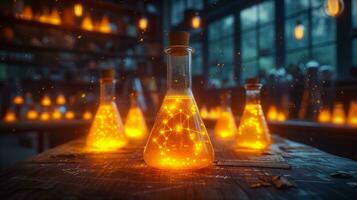 AI generated Enchanting alchemy elixir in glass flasks glowing on a wooden table photo