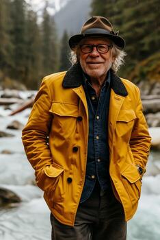 AI generated A man standing by a stream in the forest. Generative AI photo