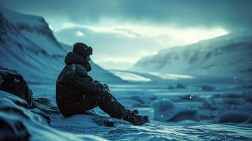 ai generado un hombre sentado en un rock en el medio de nieve. generativo ai foto