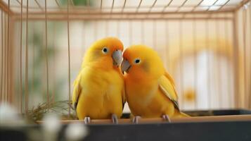 AI generated Two yellow birds look cute and happy in the cage. Generative AI photo