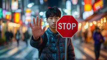 AI generated Young man holding stop sign in vibrant city nightlife setting photo