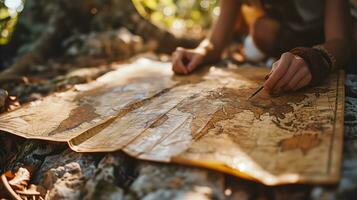 AI generated Traveler planning adventure with vintage world map outdoors photo